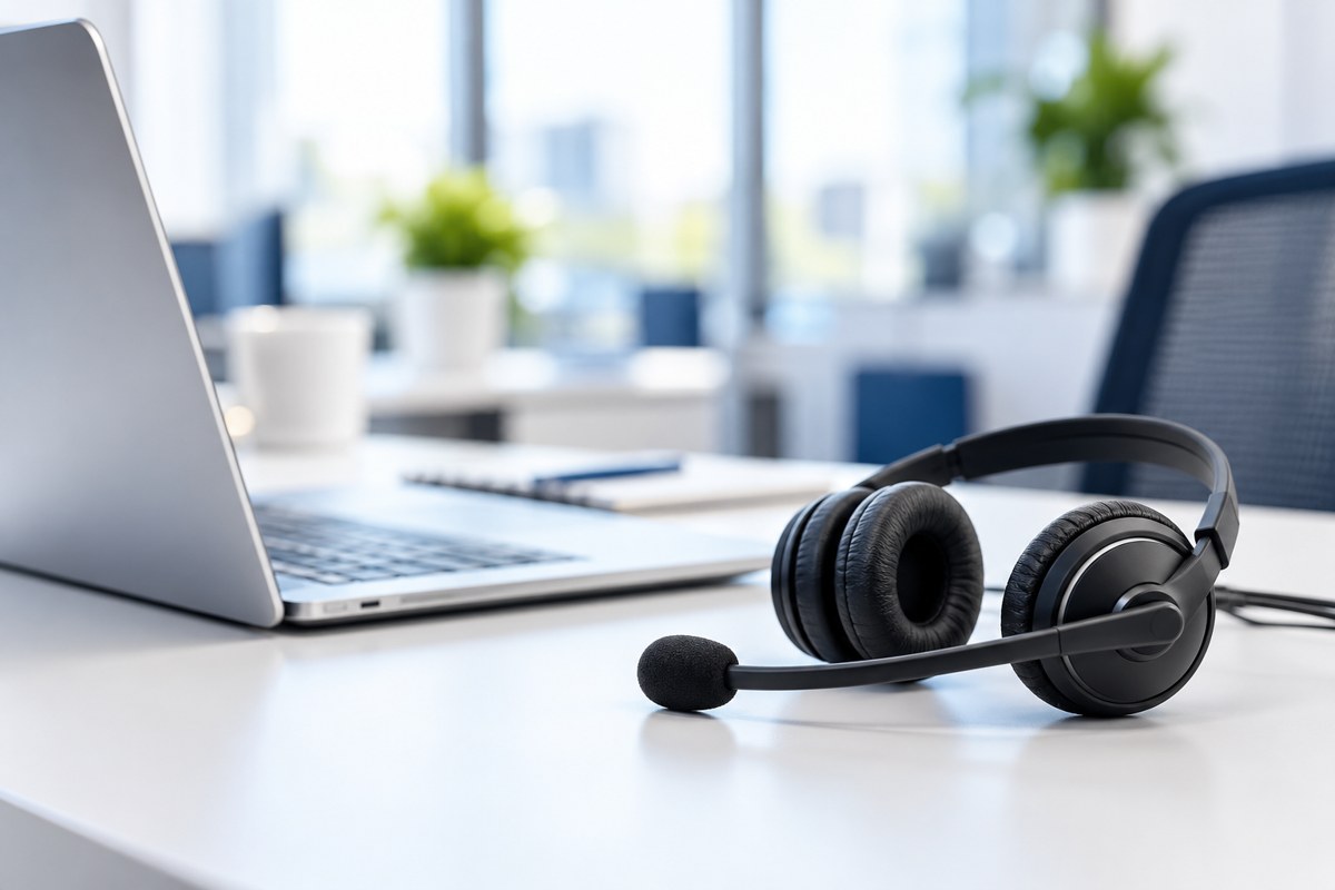 A professional headset beside a laptop in a bright workspace